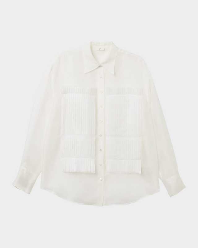 Pleated-Patch Organic Silk Button-Down Shirt